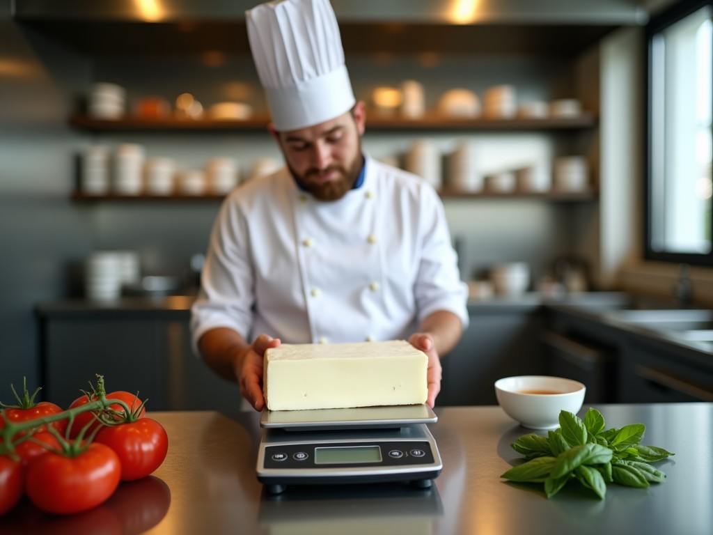 Cocinero pesando un bloque de queso en una báscula digital en la cocina
