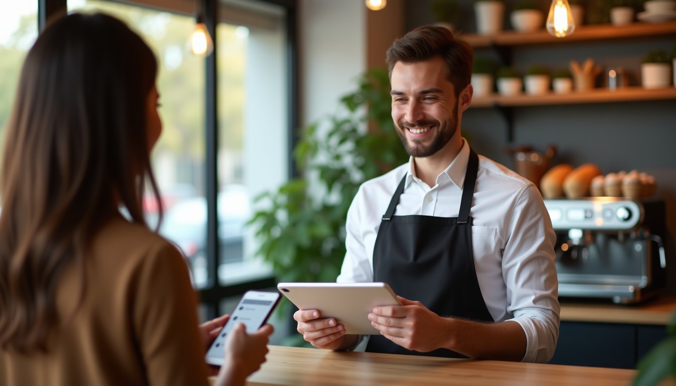 Camarera cobrando con una tablet en la barra de una cafetería