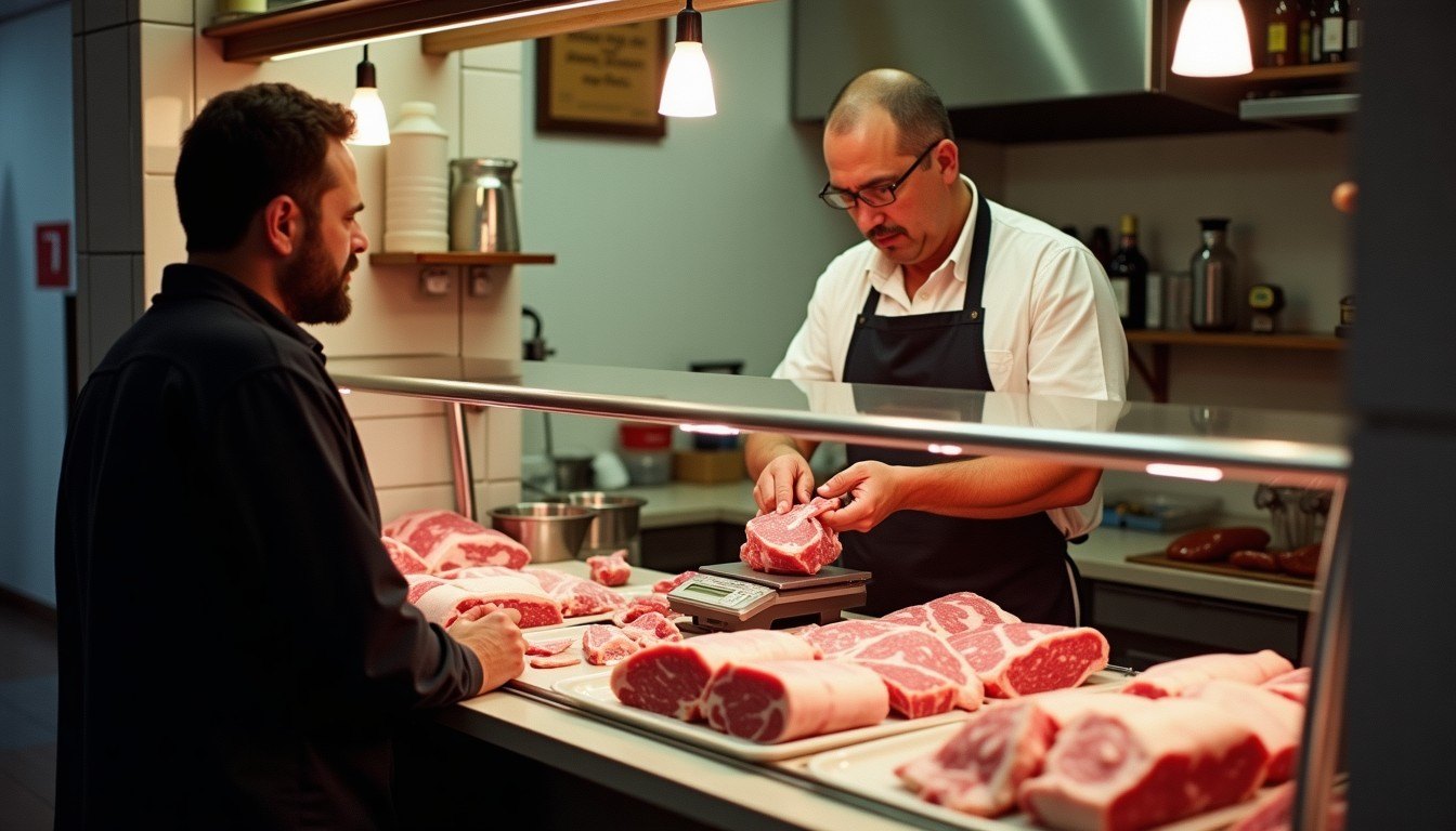 Carnicero pesando una pieza de carne en la balanza del mostrador
