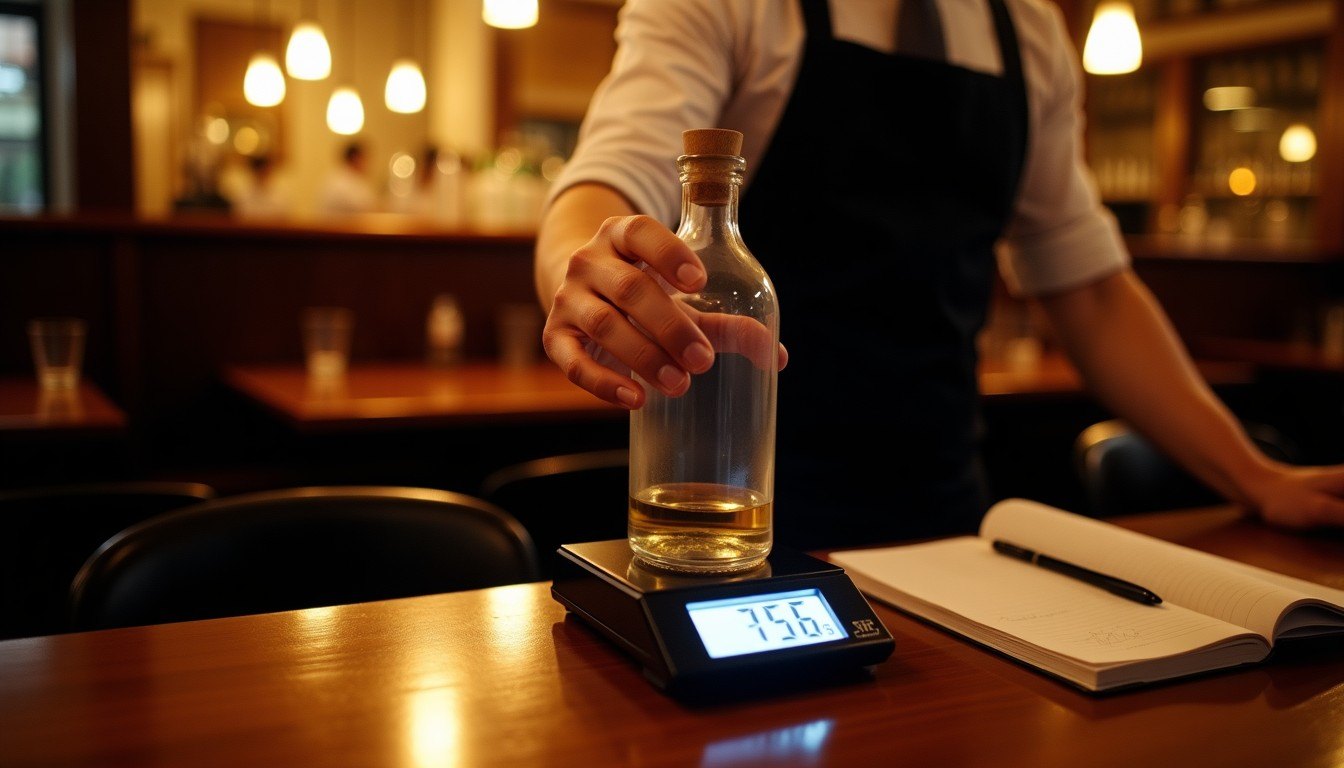 Bartender pesando una botella en una balanza al cierre