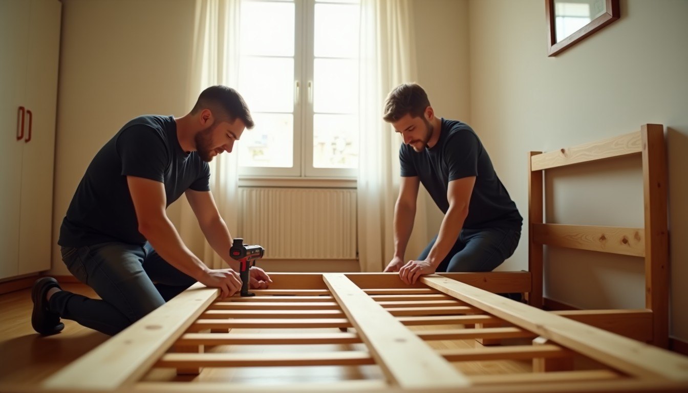 Dos montadores armando una cama de madera en un dormitorio luminoso