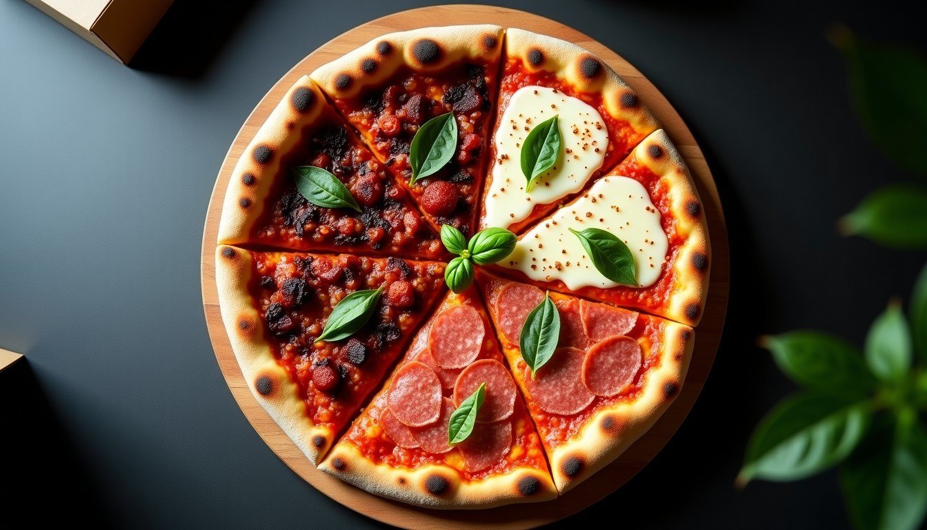 Pizza familiar dividida en cuartos con especialidades distintas