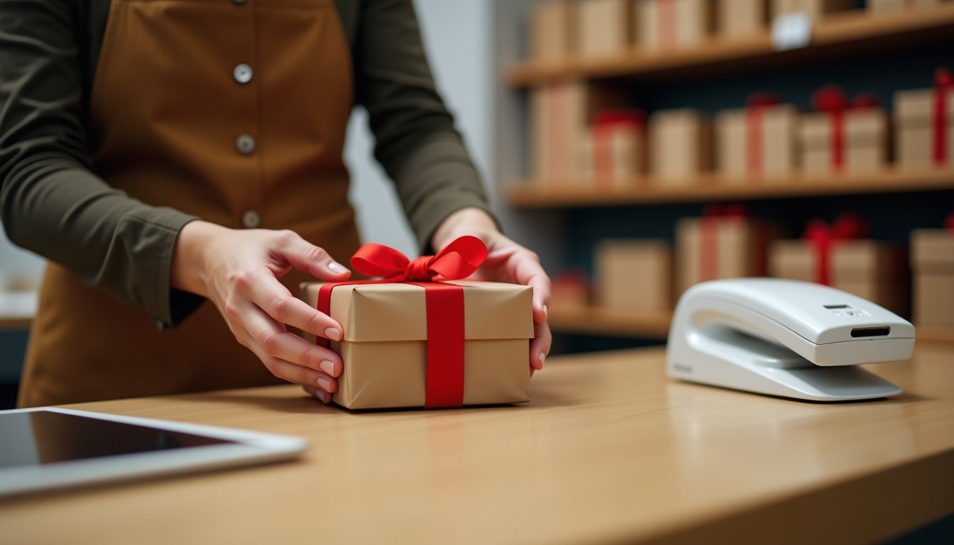 Manos envolviendo un regalo en papel kraft junto a la caja de una tienda